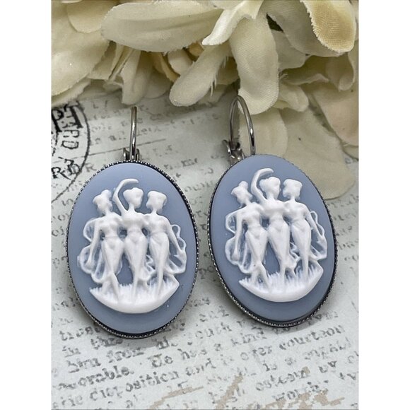 Silver Blue White 3 Graces Muse Cameo Earrings Birthday Anniversary Gift Muses - Picture 1 of 11